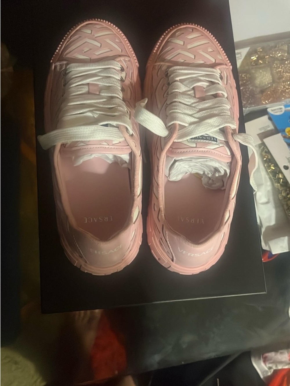 Versace Pink Woven-Detail Platform Sneakers